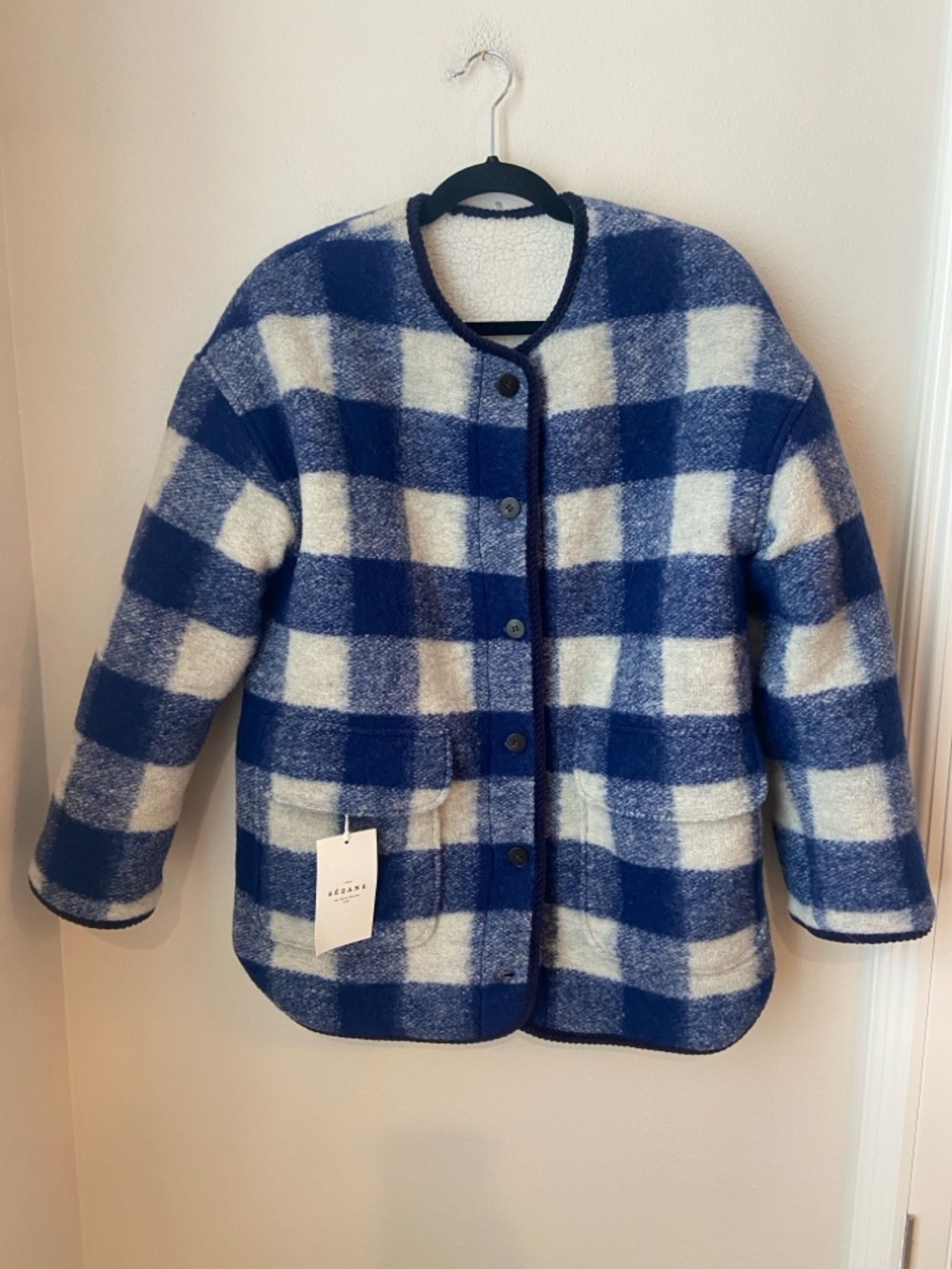Sézane Farel Reversible Wool Plaid Jacket Blue White Sherpa Size 36 Small NWT - Picture 2 of 9